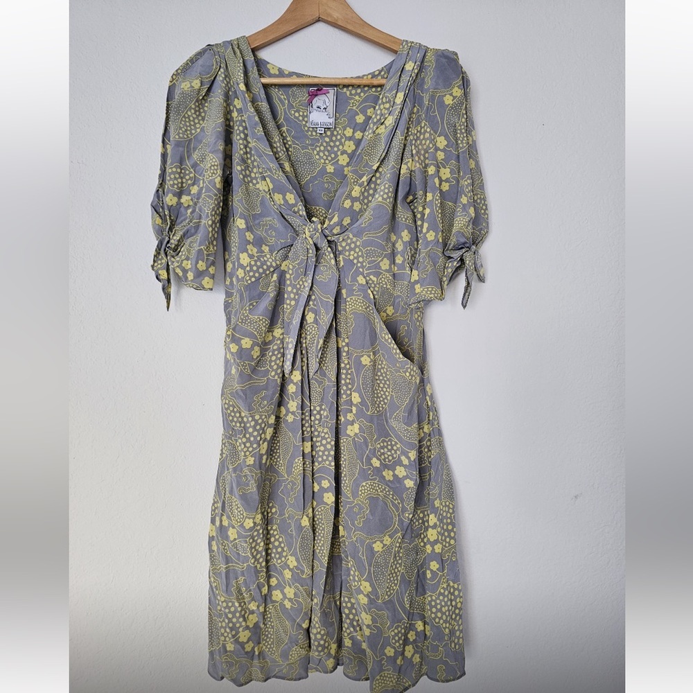 Anthropologie Yoana Baraschi Gray and Yellow Floral Tie-Front  silk Midi Dress.